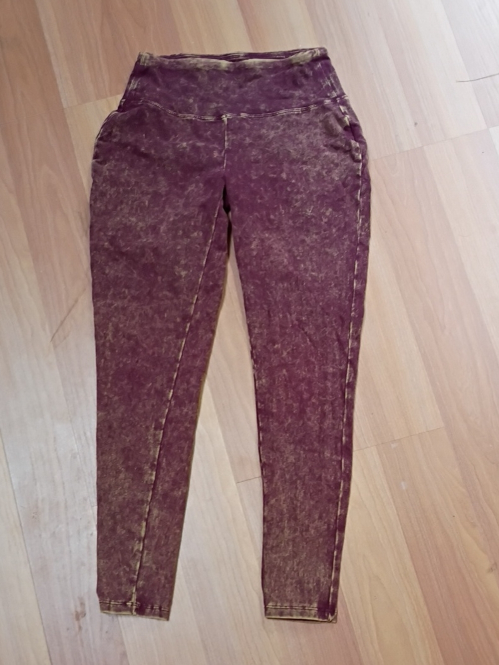High-Rise Maroon Acid-Wash Leggings